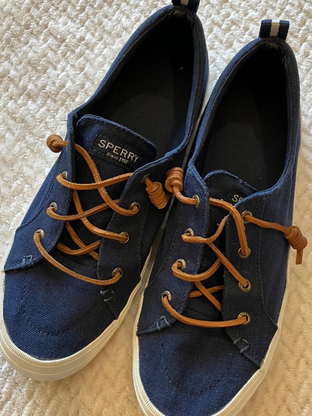 Sperry Crest Vibe Navy Canvas Sneakers Women’s 10 Leather Laces Coastal Preppy